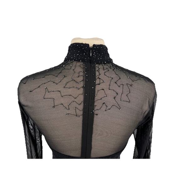 90s Vtg Black Sheer Sleeve Beaded Shimmer Fitted Maxi Dress Goth Whimsigoth 8 - Picture 10 of 15